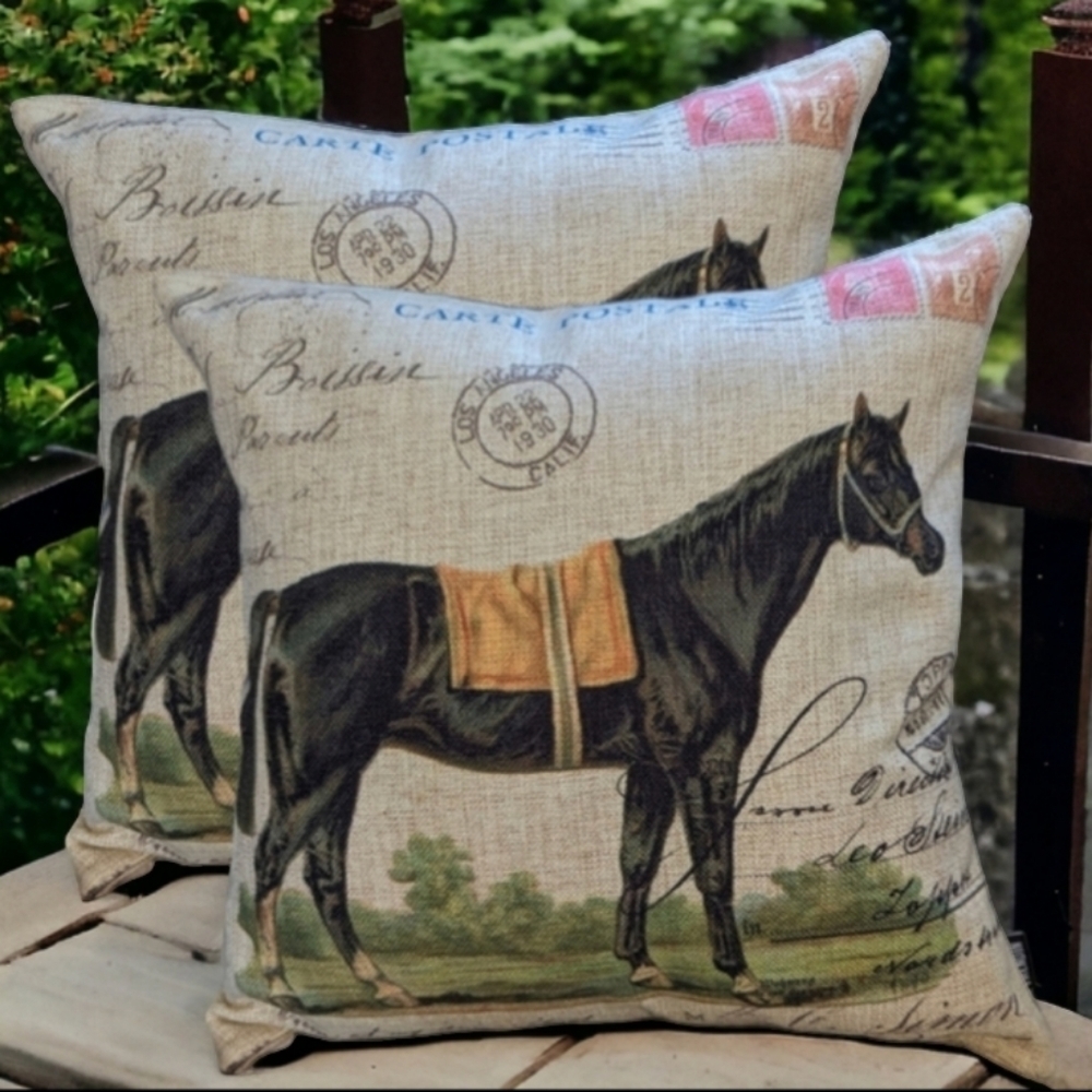 FRENCH SCRIPT HORSE POSTAGE DECORATIVE THROW PILLOWS 18x18